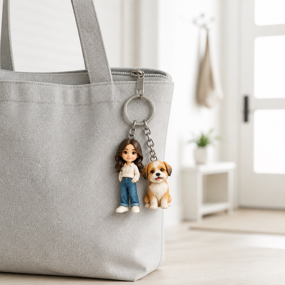 Custom keychain attached to a tote bag