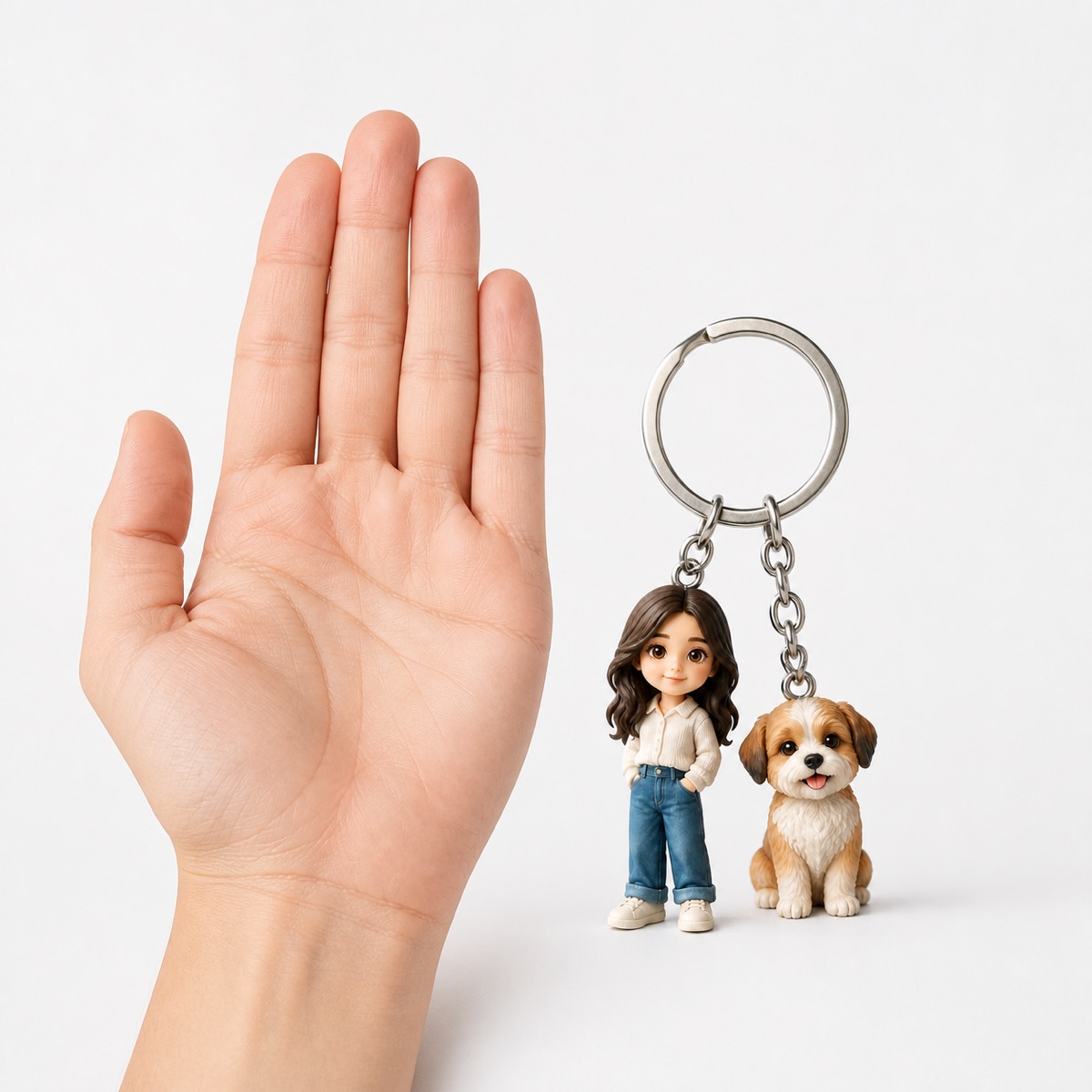 Custom keychain shown beside a hand for scale